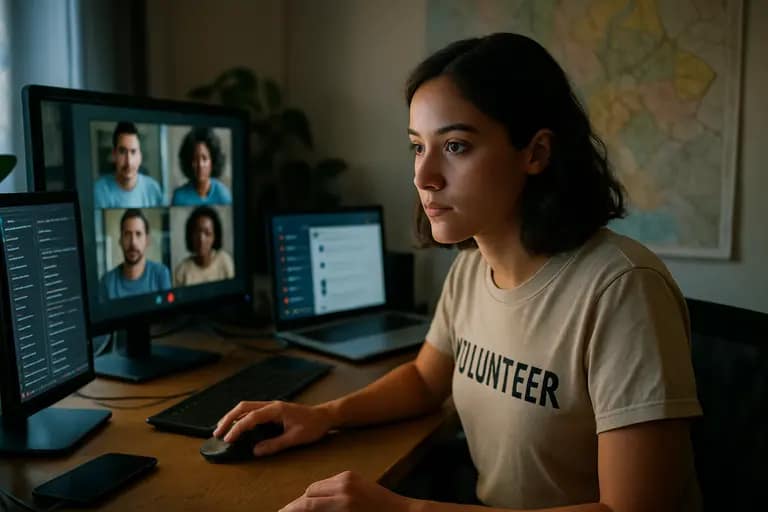 Volunteer drafting a voter information post on a laptop