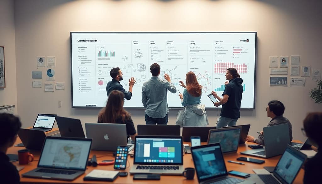 A collaborative workspace filled with digital tools, centered on a large interactive whiteboard. In the foreground, an array of laptops, tablets, and smartphones are arranged, each displaying various communication and project management apps. The middle ground features a trio of activists gathered around the whiteboard, animatedly sketching ideas and exchanging notes. Soft, diffused lighting illuminates the scene, creating a sense of focus and productivity. In the background, a large, seamless digital display shows a shared virtual dashboard, tracking campaign progress and engagement metrics. The overall atmosphere conveys a synergetic, tech-savvy environment where diverse voices come together to build a powerful coalition. A collaborative workspace filled with digital tools, centered on a large interactive whiteboard. In the foreground, an array of laptops, tablets, and smartphones are arranged, each displaying various communication and project management apps. The middle ground features a trio of activists gathered around the whiteboard, animatedly sketching ideas and exchanging notes. Soft, diffused lighting illuminates the scene, creating a sense of focus and productivity. In the background, a large, seamless digital display shows a shared virtual dashboard, tracking campaign progress and engagement metrics. The overall atmosphere conveys a synergetic, tech-savvy environment where diverse voices come together to build a powerful coalition.