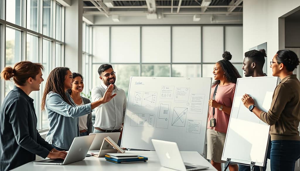 A group of diverse individuals collaborating in a vibrant, modern office space. In the foreground, a team enthusiastically discussing plans on a large whiteboard, their expressions conveying a sense of shared purpose and success. The middle ground features individuals working together on laptops, exchanging ideas and high-fiving. The background showcases a sleek, minimalist interior with large windows, allowing natural light to flood the room and create a warm, productive atmosphere. The overall scene radiates a sense of unity, achievement, and the spirit of effective coalition campaigns.