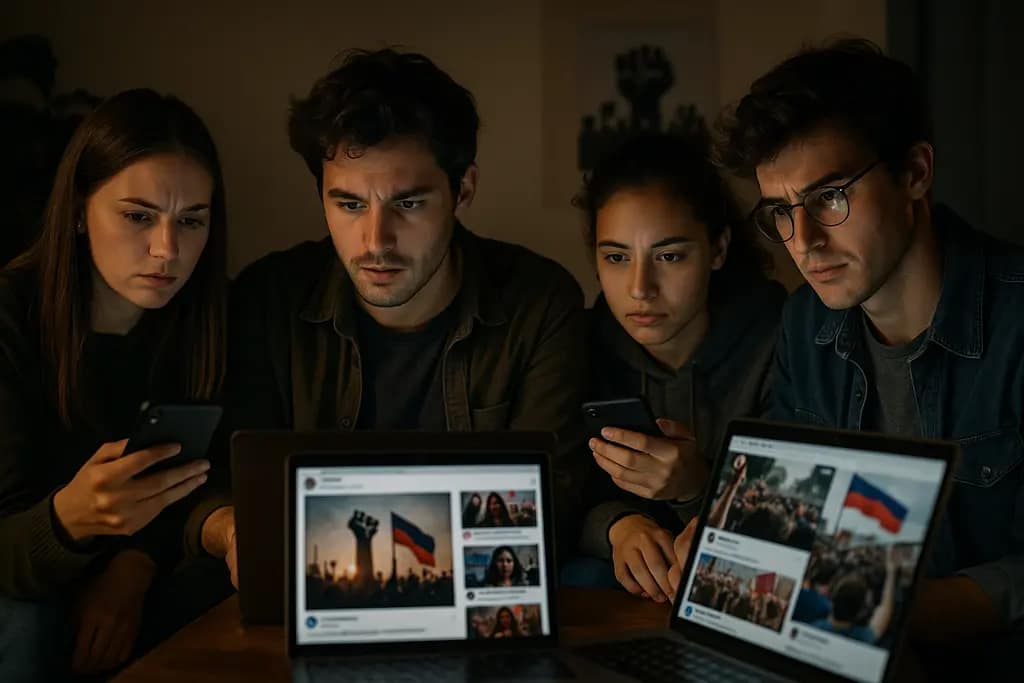 Analyst reviewing anti-American propaganda response posts on a laptop