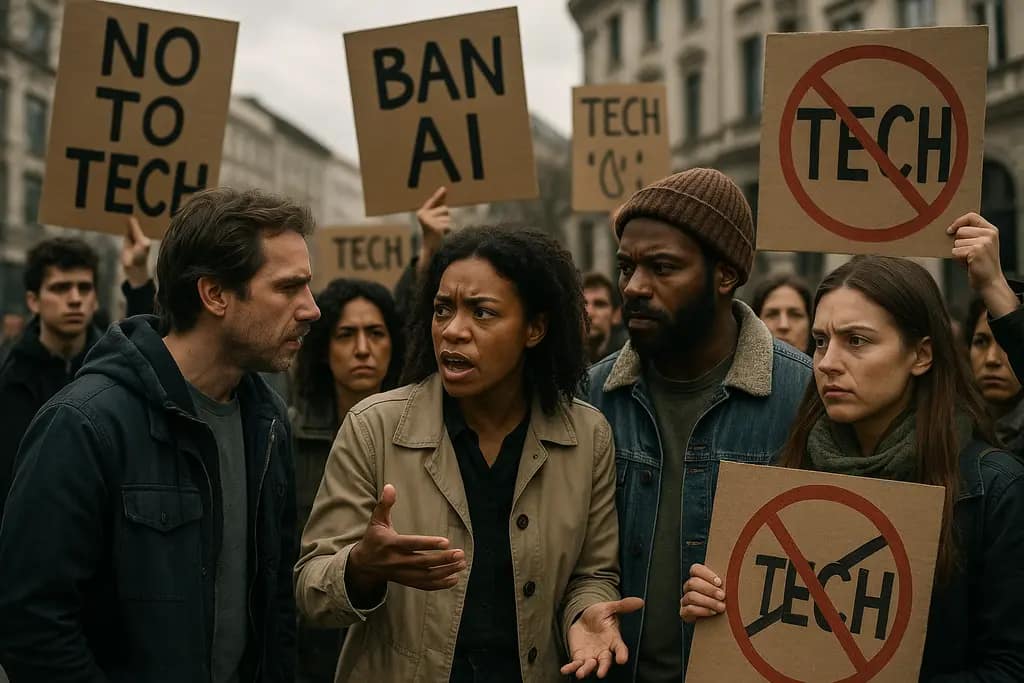 Advocacy team reviewing anti-tech extremism risks on laptops in a meeting room