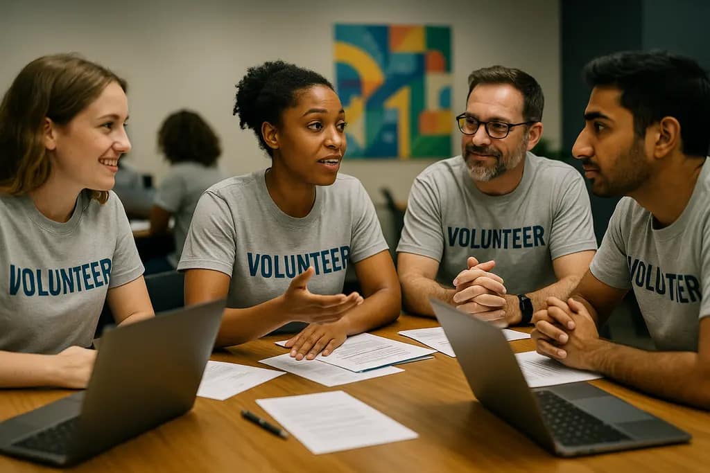 Volunteers planning a digital equity advocacy outreach campaign around a community table