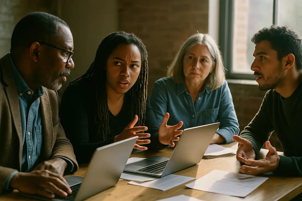 Digital Equity Funding advocates reviewing policy notes at a community meeting