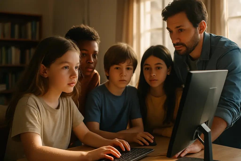 Kids Online Safety briefing with policy notes and volunteer materials on a table