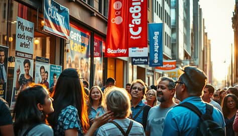 A bustling city street, its facade adorned with campaign posters and banners. Supporters eagerly engage with vibrant displays, their expressions a mixture of excitement and determination. In the foreground, a group of citizens animatedly discuss strategies, gesturing towards the visuals. Warm lighting casts a hopeful glow, as if illuminating the psychology of effective campaigning - a blend of visual allure, passionate advocacy, and community mobilization. The scene evokes a sense of civic energy, inviting the viewer to consider the psychology behind impactful calls to action that galvanize digital supporters.