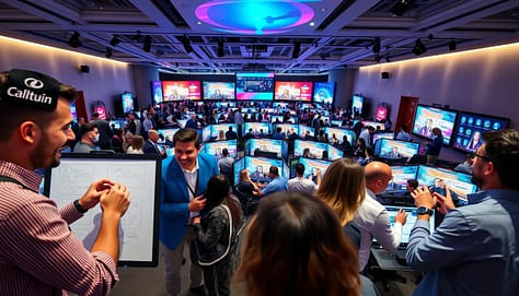 A bustling virtual event, with attendees engaged in lively discussions and interactive activities. In the foreground, a group of people animatedly gesturing and collaborating on digital whiteboards, their expressions conveying enthusiasm and focus. In the middle ground, a series of virtual breakout rooms with participants huddled around their screens, actively participating. The background features a sleek, modern event platform with customizable event spaces, vibrant colors, and dynamic graphics that create an immersive and engaging atmosphere. The lighting is soft and natural, highlighting the participants' faces and creating a sense of warmth and connection, even in the virtual setting. The camera angle is slightly elevated, providing a bird's-eye view that captures the energy and dynamics of the event. A bustling virtual event, with attendees engaged in lively discussions and interactive activities. In the foreground, a group of people animatedly gesturing and collaborating on digital whiteboards, their expressions conveying enthusiasm and focus. In the middle ground, a series of virtual breakout rooms with participants huddled around their screens, actively participating. The background features a sleek, modern event platform with customizable event spaces, vibrant colors, and dynamic graphics that create an immersive and engaging atmosphere. The lighting is soft and natural, highlighting the participants' faces and creating a sense of warmth and connection, even in the virtual setting. The camera angle is slightly elevated, providing a bird's-eye view that captures the energy and dynamics of the event.