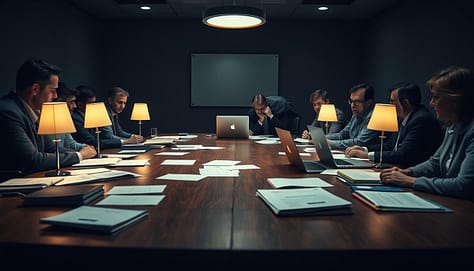 A dimly lit conference room, with a large wooden table at the center. Scattered papers, laptops, and crisis management folders sit atop the table, illuminated by the soft glow of desk lamps. In the foreground, a group of professionals in business attire lean in, engaged in a tense discussion, their expressions reflecting the gravity of the situation. The background is hazy, conveying a sense of unease and uncertainty, as they work to develop a comprehensive plan to address the impending activist backlash. The scene is captured through a wide-angle lens, creating a sense of depth and emphasizing the collaborative nature of the crisis management process.