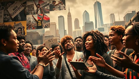 A diverse group of activists passionately sharing their impactful stories against a backdrop of vibrant urban landscapes. In the foreground, individuals gesticulate and engage the audience, their faces alight with determination. The middle ground features a collage of powerful imagery - protest signs, community gatherings, and moments of triumph. In the background, a tapestry of cityscape elements - towering skyscrapers, public murals, and bustling streets - create a dynamic, energetic setting. Warm, directional lighting illuminates the scene, casting dramatic shadows and highlighting the activists' resolve. A sense of momentum and collective impact permeates the frame, conveying the transformative power of storytelling. A diverse group of activists passionately sharing their impactful stories against a backdrop of vibrant urban landscapes. In the foreground, individuals gesticulate and engage the audience, their faces alight with determination. The middle ground features a collage of powerful imagery - protest signs, community gatherings, and moments of triumph. In the background, a tapestry of cityscape elements - towering skyscrapers, public murals, and bustling streets - create a dynamic, energetic setting. Warm, directional lighting illuminates the scene, casting dramatic shadows and highlighting the activists' resolve. A sense of momentum and collective impact permeates the frame, conveying the transformative power of storytelling.