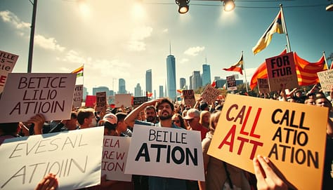 A dynamic digital collage depicting effective call to action examples from social movements. In the foreground, protest signs with bold slogans and graphics held by determined protesters. In the middle ground, a diverse crowd of activists marching and chanting. In the background, a cityscape with towering skyscrapers and waving flags. Lighting is a mix of natural daylight and dramatic spotlights, creating a sense of energy and urgency. The camera angle is a low, dynamic perspective, emphasizing the scale and momentum of the scene. The overall mood is one of collective power, passion, and a resolute call to action. A dynamic digital collage depicting effective call to action examples from social movements. In the foreground, protest signs with bold slogans and graphics held by determined protesters. In the middle ground, a diverse crowd of activists marching and chanting. In the background, a cityscape with towering skyscrapers and waving flags. Lighting is a mix of natural daylight and dramatic spotlights, creating a sense of energy and urgency. The camera angle is a low, dynamic perspective, emphasizing the scale and momentum of the scene. The overall mood is one of collective power, passion, and a resolute call to action.