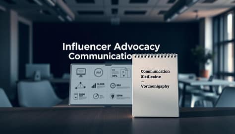 A sleek, modern editorial design layout featuring an "Influencer Advocacy Communication Guide" in the foreground. The guide is presented as a spiral-bound book with a minimalist cover, shot in a high-contrast, moody lighting setup. In the middle ground, icons, infographics, and typography hints at the guide's content. The background is a simple, blurred office or coworking space setting, creating a professional, corporate atmosphere. A sleek, modern editorial design layout featuring an "Influencer Advocacy Communication Guide" in the foreground. The guide is presented as a spiral-bound book with a minimalist cover, shot in a high-contrast, moody lighting setup. In the middle ground, icons, infographics, and typography hints at the guide's content. The background is a simple, blurred office or coworking space setting, creating a professional, corporate atmosphere.