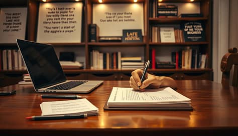 A well-lit home office with a laptop, stack of papers, and an array of writing utensils on a polished wood desk. In the foreground, a person's hands carefully crafting a petition message on a legal pad, their face obscured by the screen. Behind them, shelves lined with reference books and inspirational quotes cast warm lighting onto the scene. The overall atmosphere is one of focused concentration and deliberation, as the creator refines their call to action, meticulously shaping a message intended to incite viral response.