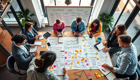 A dynamic and visually engaging workspace scene depicting a content strategy meeting for a hashtag campaign. In the foreground, a diverse group of professionals in business attire collaborate over a large table filled with digital devices, notebooks, and colorful post-it notes. The middle ground features a whiteboard filled with visual content pillars, brainstormed UGC prompts, and campaign goals illustrated with icons and sketches. The background highlights a modern office environment with large windows allowing natural light to flood the space, creating an energized and collaborative atmosphere. The camera angle provides an overhead view, capturing the essence of teamwork and strategic thinking, infused with a sense of innovation and enthusiasm. The overall mood is vibrant, focused, and inspiring.