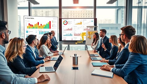 A modern office space filled with diverse professionals analyzing social media campaign metrics. In the foreground, a diverse group of individuals in professional business attire, engaged in a discussion around a large screen displaying colorful graphs and analytics on reach, participation, action conversion, and sentiment analysis. In the middle, a stylish conference table with laptops and notepads, and a whiteboard with post-it notes summarizing campaign insights. The background features a large window with natural sunlight illuminating the room, creating a vibrant and energetic atmosphere. The scene conveys collaboration and strategic planning, focusing on the importance of measurement in social media campaigns, with a clear view of the analytics data on the screen. A modern office space filled with diverse professionals analyzing social media campaign metrics. In the foreground, a diverse group of individuals in professional business attire, engaged in a discussion around a large screen displaying colorful graphs and analytics on reach, participation, action conversion, and sentiment analysis. In the middle, a stylish conference table with laptops and notepads, and a whiteboard with post-it notes summarizing campaign insights. The background features a large window with natural sunlight illuminating the room, creating a vibrant and energetic atmosphere. The scene conveys collaboration and strategic planning, focusing on the importance of measurement in social media campaigns, with a clear view of the analytics data on the screen.