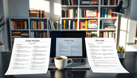 A collection of script templates visually depicted on a sleek, modern desk. In the foreground, prominently display three distinct script sheets labeled for 15s, 30s, and 60s video content, with clear, organized bullet points and colorful highlights. The middle area features a stylish laptop open beside a cup of coffee, suggesting a creative workspace. In the background, a vibrant bookshelf filled with books about video content creation and advocacy creates an inspiring atmosphere. Soft, natural lighting filters in from a nearby window, casting gentle shadows. The mood is professional yet inviting, emphasizing creativity and productivity. No text, logos, or watermarks are present, ensuring a clean and appealing visual. A collection of script templates visually depicted on a sleek, modern desk. In the foreground, prominently display three distinct script sheets labeled for 15s, 30s, and 60s video content, with clear, organized bullet points and colorful highlights. The middle area features a stylish laptop open beside a cup of coffee, suggesting a creative workspace. In the background, a vibrant bookshelf filled with books about video content creation and advocacy creates an inspiring atmosphere. Soft, natural lighting filters in from a nearby window, casting gentle shadows. The mood is professional yet inviting, emphasizing creativity and productivity. No text, logos, or watermarks are present, ensuring a clean and appealing visual.