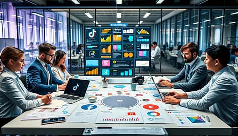 A dynamic and visually engaging representation of "channel strategy" focused on social media platforms. In the foreground, several professionals in business attire collaborate around a large table covered with laptops, charts, and diagrams showcasing various social media icons like TikTok, Instagram, Twitter, YouTube, and Email. The middle ground features a digital screen displaying colorful analytics, platform metrics, and creative content tailored for each channel. In the background, a modern office with glass walls reflects a bustling work environment, illuminated by soft, natural lighting filtering through. The atmosphere conveys focus and creativity, emphasizing teamwork and strategic planning. The angle should capture a wide view of both the collaboration and the intricate details of the digital displays.