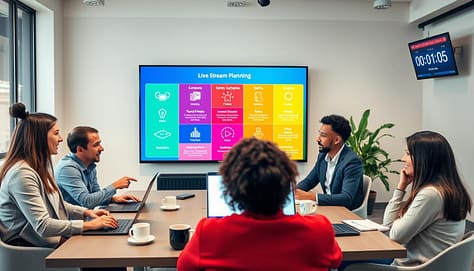 A modern digital workspace showcasing a live stream planning session. In the foreground, a diverse group of three professionals, dressed in smart casual attire, are engaged in discussion around a table filled with laptops, note pads, and coffee cups. Each person is focused, taking notes or pointing at a large screen displaying a colorful run-of-show graphic. The middle ground features a vibrant virtual backdrop illustrating various streaming icons and safety guidelines. In the background, a wall-mounted screen shows a countdown timer and a stylized "Live Stream" logo. The lighting is bright and inviting, suggesting an energetic and collaborative atmosphere, captured from a slightly elevated angle to encompass the entire scene. A modern digital workspace showcasing a live stream planning session. In the foreground, a diverse group of three professionals, dressed in smart casual attire, are engaged in discussion around a table filled with laptops, note pads, and coffee cups. Each person is focused, taking notes or pointing at a large screen displaying a colorful run-of-show graphic. The middle ground features a vibrant virtual backdrop illustrating various streaming icons and safety guidelines. In the background, a wall-mounted screen shows a countdown timer and a stylized "Live Stream" logo. The lighting is bright and inviting, suggesting an energetic and collaborative atmosphere, captured from a slightly elevated angle to encompass the entire scene.