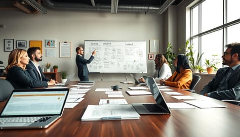 A modern editorial workflow visualized as a dynamic office environment, featuring a collaborative team of diverse professionals in smart business attire. In the foreground, a large conference table displays various asset briefs and draft documents, while a laptop shows a digital content calendar. The middle scene captures team members engaged in a discussion, with one person pointing at a large whiteboard filled with notes and flowcharts about the asset pipeline. In the background, bright natural light streams through large windows, highlighting a creative workspace with potted plants and inspirational posters. The overall mood is focused and productive, conveying a sense of teamwork and innovation in the content creation process. Use a wide-angle lens perspective to emphasize the collaborative atmosphere.