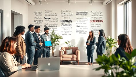 A serene office setting bathed in soft, natural light, illustrating the concept of digital security for activists. In the foreground, a diverse group of individuals, dressed in professional business attire, are engaged in a supportive discussion, with one person highlighting digital safety tips on a laptop screen. In the middle, a cozy lounge area features a comfortable chair and plants, symbolizing mental health breaks. In the background, a wall of inspirational quotes related to privacy and advocacy creates a positive atmosphere. The angle captures a warm, inviting space that promotes well-being and community support, evoking a sense of empowerment and safety. The overall mood is calm and encouraging, emphasizing the importance of setting boundaries and taking time out. A serene office setting bathed in soft, natural light, illustrating the concept of digital security for activists. In the foreground, a diverse group of individuals, dressed in professional business attire, are engaged in a supportive discussion, with one person highlighting digital safety tips on a laptop screen. In the middle, a cozy lounge area features a comfortable chair and plants, symbolizing mental health breaks. In the background, a wall of inspirational quotes related to privacy and advocacy creates a positive atmosphere. The angle captures a warm, inviting space that promotes well-being and community support, evoking a sense of empowerment and safety. The overall mood is calm and encouraging, emphasizing the importance of setting boundaries and taking time out.