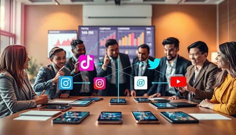 A vibrant and engaging scene illustrating multichannel advocacy for social media platforms like TikTok, Instagram (IG), Twitter (X), YouTube, and email. In the foreground, a diverse group of professionals in business attire passionately discussing strategies around a table filled with digital devices showing various social media icons. In the middle, a digital map linking the platforms with arrows symbolizing connectivity and collaboration. The background features a large screen displaying analytical graphs and campaign goals, incorporating a blend of warm and inviting lighting to suggest teamwork and innovation. The overall mood is dynamic and forward-thinking, capturing the essence of cross-platform coordination and partnership. Use a wide-angle lens to encompass the entire scene with a slight depth of field, making the subjects in the foreground sharp against a subtly blurred background. A vibrant and engaging scene illustrating multichannel advocacy for social media platforms like TikTok, Instagram (IG), Twitter (X), YouTube, and email. In the foreground, a diverse group of professionals in business attire passionately discussing strategies around a table filled with digital devices showing various social media icons. In the middle, a digital map linking the platforms with arrows symbolizing connectivity and collaboration. The background features a large screen displaying analytical graphs and campaign goals, incorporating a blend of warm and inviting lighting to suggest teamwork and innovation. The overall mood is dynamic and forward-thinking, capturing the essence of cross-platform coordination and partnership. Use a wide-angle lens to encompass the entire scene with a slight depth of field, making the subjects in the foreground sharp against a subtly blurred background.