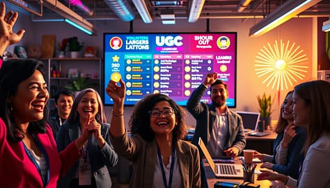 A vibrant digital scene depicting gamification in user-generated content (UGC). In the foreground, diverse volunteers are celebrating, wearing professional attire, with joyful expressions as they earn badges and accolades. One volunteer holds a shiny badge while another is featured in a spotlight, symbolizing recognition. In the middle ground, a large screen displays a colorful UGC leaderboard adorned with flashing animations of achievements and shout-out notifications. The background features a modern workspace filled with creative tools, like laptops and art supplies, illuminated by dynamic LED lights creating an enthusiastic and inspiring atmosphere. The image captures a sense of collaboration, motivation, and creativity, emphasizing the gamification elements in volunteer engagement, shot from a slightly low angle to enhance the feeling of excitement. A vibrant digital scene depicting gamification in user-generated content (UGC). In the foreground, diverse volunteers are celebrating, wearing professional attire, with joyful expressions as they earn badges and accolades. One volunteer holds a shiny badge while another is featured in a spotlight, symbolizing recognition. In the middle ground, a large screen displays a colorful UGC leaderboard adorned with flashing animations of achievements and shout-out notifications. The background features a modern workspace filled with creative tools, like laptops and art supplies, illuminated by dynamic LED lights creating an enthusiastic and inspiring atmosphere. The image captures a sense of collaboration, motivation, and creativity, emphasizing the gamification elements in volunteer engagement, shot from a slightly low angle to enhance the feeling of excitement.