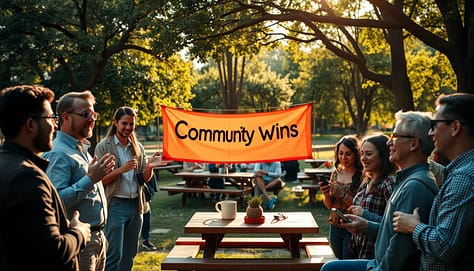 A vibrant scene depicting a lively community ritual in a sunlit outdoor park setting. In the foreground, a diverse group of six individuals, dressed in professional casual attire, enthusiastically engage in an Ask Me Anything (AMA) session, with one person speaking animatedly while others listen intently, showcasing inclusiveness. In the middle of the composition, a colorful banner reading “Community Wins” flutters gently in the breeze, surrounded by a circle of people sharing their achievements via smartphones. In the background, a cozy gathering area with picnic tables and greenery, coupled with soft, warm lighting creating an inviting atmosphere, hints at off-line meetups. The perspective is slightly elevated, capturing the energy and camaraderie of a connected community event, radiating positivity and unity. A vibrant scene depicting a lively community ritual in a sunlit outdoor park setting. In the foreground, a diverse group of six individuals, dressed in professional casual attire, enthusiastically engage in an Ask Me Anything (AMA) session, with one person speaking animatedly while others listen intently, showcasing inclusiveness. In the middle of the composition, a colorful banner reading “Community Wins” flutters gently in the breeze, surrounded by a circle of people sharing their achievements via smartphones. In the background, a cozy gathering area with picnic tables and greenery, coupled with soft, warm lighting creating an inviting atmosphere, hints at off-line meetups. The perspective is slightly elevated, capturing the energy and camaraderie of a connected community event, radiating positivity and unity.