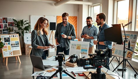 A vibrant scene showcasing a diverse group of influencers collaborating in a bright, modern studio space. In the foreground, a female influencer in professional attire discusses ideas with another influencer, a male wearing casual yet polished clothing. They’re surrounded by sketches, laptops, and design boards displaying colorful campaign concepts. The middle of the image features a large table with creative materials, including a camera setup and lighting equipment, emphasizing the act of co-creation. The background reveals large windows letting in natural light, casting a warm glow across the room, enhancing the energy and excitement of collaboration. The atmosphere is dynamic and inspiring, reflecting creativity and teamwork in content creation, with a focus on innovation and partnership. A vibrant scene showcasing a diverse group of influencers collaborating in a bright, modern studio space. In the foreground, a female influencer in professional attire discusses ideas with another influencer, a male wearing casual yet polished clothing. They’re surrounded by sketches, laptops, and design boards displaying colorful campaign concepts. The middle of the image features a large table with creative materials, including a camera setup and lighting equipment, emphasizing the act of co-creation. The background reveals large windows letting in natural light, casting a warm glow across the room, enhancing the energy and excitement of collaboration. The atmosphere is dynamic and inspiring, reflecting creativity and teamwork in content creation, with a focus on innovation and partnership.