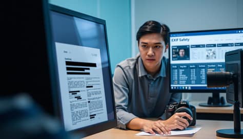 A visually compelling scene focused on digital media redaction techniques. In the foreground, a close-up of a computer screen displaying blurred faces and a redacted document with black bars over sensitive information. The middle ground features a professional individual in modest attire, intently reviewing the screen, highlighting the importance of media safety. In the background, an office setting with soft lighting, emphasizing a secure working environment. Subtle details, like a digital camera and an EXIF data dashboard on a secondary screen, add depth to the scene. The overall mood is serious yet empowering, capturing the essence of protection and privacy in digital advocacy.