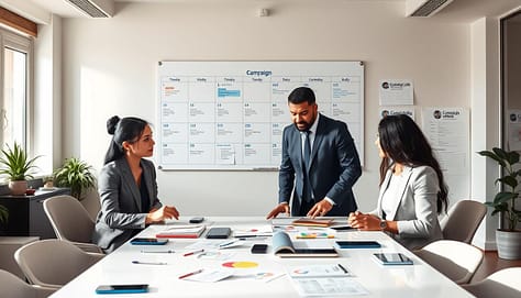 A well-organized office space serves as the backdrop, with a large content calendar displayed prominently on the wall, highlighting various campaign details. In the foreground, a diverse group of three professional individuals—one Asian woman, one Black man, and one Hispanic woman—all dressed in smart business attire, collaborate around a sleek conference table strewn with digital devices and notes. The middle ground features a whiteboard filled with charts and ideas, symbolizing teamwork and strategy. Soft, natural lighting filters in through large windows, creating a warm atmosphere that emphasizes focus and productivity. Capture the scene from a slightly elevated angle, providing a clear view of both the calendar and the engaged discussions among team members, conveying a sense of coordination and unity in the campaign effort. A well-organized office space serves as the backdrop, with a large content calendar displayed prominently on the wall, highlighting various campaign details. In the foreground, a diverse group of three professional individuals—one Asian woman, one Black man, and one Hispanic woman—all dressed in smart business attire, collaborate around a sleek conference table strewn with digital devices and notes. The middle ground features a whiteboard filled with charts and ideas, symbolizing teamwork and strategy. Soft, natural lighting filters in through large windows, creating a warm atmosphere that emphasizes focus and productivity. Capture the scene from a slightly elevated angle, providing a clear view of both the calendar and the engaged discussions among team members, conveying a sense of coordination and unity in the campaign effort.