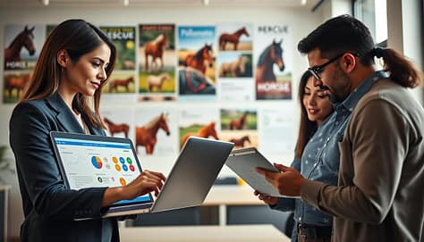A bright, modern office space featuring a diverse group of three individuals engaged in a collaborative discussion about donor communication tools for rescue funding. In the foreground, a woman in professional business attire points to an open laptop displaying a crowdfunding platform interface, while a man and a woman analyze colorful charts and graphs on a tablet. The middle ground showcases a wall covered with posters of successful horse rescue campaigns, vibrant and inspiring. The background includes a large window illuminating the space with natural light, casting a warm, inviting ambiance. The atmosphere is focused and energetic, emphasizing teamwork and innovation in the context of animal welfare. Use a shallow depth of field to draw attention to the group while softly blurring the background details. A bright, modern office space featuring a diverse group of three individuals engaged in a collaborative discussion about donor communication tools for rescue funding. In the foreground, a woman in professional business attire points to an open laptop displaying a crowdfunding platform interface, while a man and a woman analyze colorful charts and graphs on a tablet. The middle ground showcases a wall covered with posters of successful horse rescue campaigns, vibrant and inspiring. The background includes a large window illuminating the space with natural light, casting a warm, inviting ambiance. The atmosphere is focused and energetic, emphasizing teamwork and innovation in the context of animal welfare. Use a shallow depth of field to draw attention to the group while softly blurring the background details.