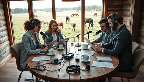 A cozy podcast planning space focused on audio advocacy strategy, featuring a round table made of reclaimed wood surrounded by four people engaging in discussion. In the foreground, a diverse group of professionals in smart casual attire—two women and two men—review notes and microphones, brainstorming on their laptops. The middle ground shows coffee cups and audio equipment like headphones and recorders spread out on the table, emphasizing collaboration. In the background, a large window with soft natural light streaming in, revealing a serene outdoor scene of a green pasture and horses grazing, symbolizing the connection to horse welfare. The overall atmosphere is warm and creative, with an inviting ambiance that captures the essence of teamwork in audio storytelling.