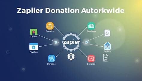A detailed Zapier donation automation workflow diagram, illustrated in a clear and organized manner. The foreground features vibrant icons representing various online donation platforms, connected by arrows symbolizing the automated workflow. In the middle, a central node signifies Zapier, embellished with gears to convey automation. The background showcases a soft gradient with subtle light effects, emphasizing a tech-savvy atmosphere. Use a wide-angle perspective to create depth, and ensure the lighting is bright and inviting, suggesting efficiency and ease of use. The mood is professional yet approachable, aimed at promoting innovative solutions for fundraising in horse welfare campaigns. No text, watermarks, or other distractions should be present. A detailed Zapier donation automation workflow diagram, illustrated in a clear and organized manner. The foreground features vibrant icons representing various online donation platforms, connected by arrows symbolizing the automated workflow. In the middle, a central node signifies Zapier, embellished with gears to convey automation. The background showcases a soft gradient with subtle light effects, emphasizing a tech-savvy atmosphere. Use a wide-angle perspective to create depth, and ensure the lighting is bright and inviting, suggesting efficiency and ease of use. The mood is professional yet approachable, aimed at promoting innovative solutions for fundraising in horse welfare campaigns. No text, watermarks, or other distractions should be present.