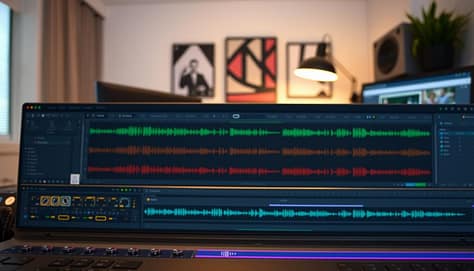 A detailed view of the Audacity audio editing interface designed for podcasters. In the foreground, prominently display the multi-track timeline with colorful audio waveforms, highlighted editing tools, and a visual representation of sound levels. In the middle ground, include an organized workspace with various menu options like 'File', 'Edit', and 'Effects' visible. The background features a blurred digital workspace environment that suggests a modern home office, lit with warm, soft lighting to create a calm, inviting atmosphere. The angle should be slightly elevated to give a comprehensive view of the interface. Overall, the image should convey a sense of professionalism and creativity appropriate for podcast production. A detailed view of the Audacity audio editing interface designed for podcasters. In the foreground, prominently display the multi-track timeline with colorful audio waveforms, highlighted editing tools, and a visual representation of sound levels. In the middle ground, include an organized workspace with various menu options like 'File', 'Edit', and 'Effects' visible. The background features a blurred digital workspace environment that suggests a modern home office, lit with warm, soft lighting to create a calm, inviting atmosphere. The angle should be slightly elevated to give a comprehensive view of the interface. Overall, the image should convey a sense of professionalism and creativity appropriate for podcast production.