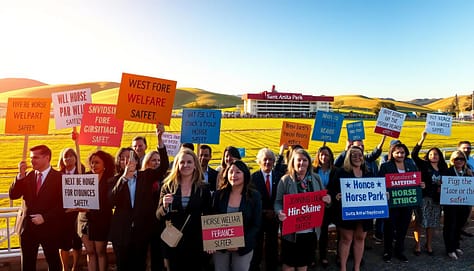 A dynamic scene depicting a Santa Anita coalition horse welfare campaign. In the foreground, a group of diverse individuals in professional business attire passionately holding signs advocating for horse welfare. The middle ground features vibrant banners showcasing various slogans related to horse safety and racing ethics. In the background, the iconic Santa Anita Park racetrack, with rolling green hills and clear blue skies creating a hopeful atmosphere. The lighting highlights the determination on the faces of the activists, with a warm golden hour glow casting long shadows. The angle captures the energy of the gathering, emphasizing their commitment to change. The overall mood is one of unity and strong advocacy for equine welfare. A dynamic scene depicting a Santa Anita coalition horse welfare campaign. In the foreground, a group of diverse individuals in professional business attire passionately holding signs advocating for horse welfare. The middle ground features vibrant banners showcasing various slogans related to horse safety and racing ethics. In the background, the iconic Santa Anita Park racetrack, with rolling green hills and clear blue skies creating a hopeful atmosphere. The lighting highlights the determination on the faces of the activists, with a warm golden hour glow casting long shadows. The angle captures the energy of the gathering, emphasizing their commitment to change. The overall mood is one of unity and strong advocacy for equine welfare.