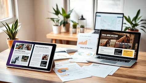 A flat lay composition of email automation campaign templates designed for horse welfare advocacy. In the foreground, showcase sleek digital devices displaying various email templates, featuring engaging visuals like horse imagery and advocacy slogans. The middle ground includes a soft-focus arrangement of colorful stationery, charts, and infographics that illustrate open rates and engagement metrics, emphasizing the effectiveness of campaigns. The background features a well-lit modern workspace with a calming aesthetic, including houseplants and an organized desk with a laptop open to a design software. Warm, natural lighting enhances the atmosphere, creating a professional yet inviting space. The overall mood should feel encouraging and inspiring, showcasing the importance of effective communication in advocacy. A flat lay composition of email automation campaign templates designed for horse welfare advocacy. In the foreground, showcase sleek digital devices displaying various email templates, featuring engaging visuals like horse imagery and advocacy slogans. The middle ground includes a soft-focus arrangement of colorful stationery, charts, and infographics that illustrate open rates and engagement metrics, emphasizing the effectiveness of campaigns. The background features a well-lit modern workspace with a calming aesthetic, including houseplants and an organized desk with a laptop open to a design software. Warm, natural lighting enhances the atmosphere, creating a professional yet inviting space. The overall mood should feel encouraging and inspiring, showcasing the importance of effective communication in advocacy.