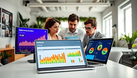 A high-tech Hootsuite multi-platform dashboard displaying vibrant campaign analytics for digital horse welfare, featuring colorful graphs and charts. The foreground includes a laptop on a modern office desk, with multiple screens open, showcasing metrics like engagement, reach, and sentiment analysis. In the middle, professionals in smart casual attire analyze the data, their focused expressions highlighting a serious approach to the campaigns. The background shows a bright, well-lit office environment, decorated with digital marketing posters and greenery, creating a refreshing atmosphere. Soft, diffused lighting enhances the dashboard's colorful graphics, conveying a sense of innovation and engagement in digital analytics. The angle captures the essence of teamwork, creativity, and a commitment to improving horse welfare through data-driven strategies.