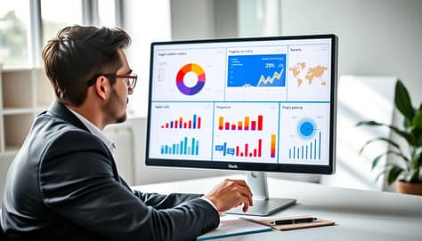 A modern campaign analytics dashboard displayed on a sleek computer screen, showcasing various colorful graphs and charts illustrating digital horse welfare metrics. In the foreground, a professional-looking individual dressed in a smart casual outfit is attentively analyzing the data on the screen, seated at a minimalist desk with a notepad and pen nearby. In the middle ground, vibrant pie charts, bar graphs, and line charts are clearly visible, representing key performance indicators like engagement rates and reach. The background features a soft-focus office environment with natural light streaming through a window, creating a productive and peaceful atmosphere. The overall mood is one of professionalism and insight, capturing the essence of effective reporting dashboard creation. A modern campaign analytics dashboard displayed on a sleek computer screen, showcasing various colorful graphs and charts illustrating digital horse welfare metrics. In the foreground, a professional-looking individual dressed in a smart casual outfit is attentively analyzing the data on the screen, seated at a minimalist desk with a notepad and pen nearby. In the middle ground, vibrant pie charts, bar graphs, and line charts are clearly visible, representing key performance indicators like engagement rates and reach. The background features a soft-focus office environment with natural light streaming through a window, creating a productive and peaceful atmosphere. The overall mood is one of professionalism and insight, capturing the essence of effective reporting dashboard creation.