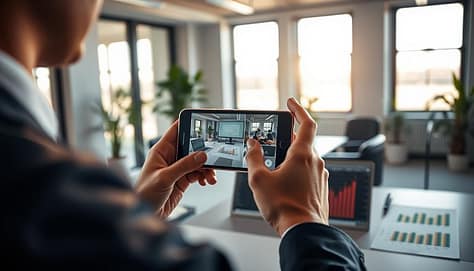 A modern office setting showcasing a person in professional attire, focused on using the CameraV app on a sleek smartphone to collect verified evidence. In the foreground, close-up details of the hands holding the device, capturing video footage. The middle ground features a desktop with charts and data points displayed, indicating the analysis of recorded data. In the background, soft natural light filters through large windows, creating a warm ambiance, with plants and minimalistic décor that enhance the professional atmosphere. The overall mood is one of diligence and innovation, highlighting the importance of real-time evidence collection for racing welfare documentation, with a clear emphasis on technology's role in enhancing transparency. A modern office setting showcasing a person in professional attire, focused on using the CameraV app on a sleek smartphone to collect verified evidence. In the foreground, close-up details of the hands holding the device, capturing video footage. The middle ground features a desktop with charts and data points displayed, indicating the analysis of recorded data. In the background, soft natural light filters through large windows, creating a warm ambiance, with plants and minimalistic décor that enhance the professional atmosphere. The overall mood is one of diligence and innovation, highlighting the importance of real-time evidence collection for racing welfare documentation, with a clear emphasis on technology's role in enhancing transparency.
