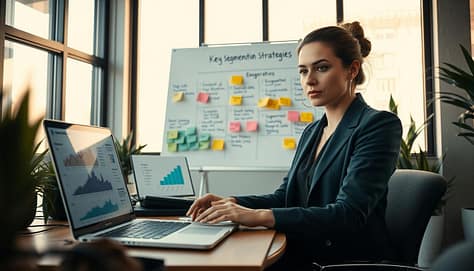 A modern office workspace featuring a professional businesswoman analyzing email segmentation strategies on a laptop. In the foreground, detailed elements include graphs and charts displayed on the screen, illustrating various email lists and supporter demographics. In the middle, a whiteboard filled with colorful sticky notes outlines key segmentation strategies related to horse welfare movements, emphasizing engagement and communication. The background shows large windows with natural light streaming in, creating a bright and inspiring atmosphere. The scene is photographed from a slight angle, focusing on the businesswoman's expression of concentration and determination. Soft, warm lighting enhances the productive mood, while potted plants in the corners add a touch of nature to the workspace.