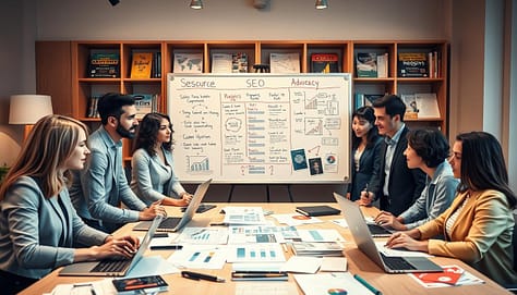 A professional and engaging scene depicting SEO strategy tailored for advocacy websites. In the foreground, a diverse group of individuals, dressed in smart casual attire, gathers around a table adorned with laptops, charts, and SEO-related documents. In the middle ground, a large whiteboard filled with flowcharts, keywords, and analytics graphs provides a focal point. The background features bookshelf-like sections filled with resource magazines on digital marketing and advocacy. Soft, warm lighting casts an inviting ambiance, creating a collaborative and focused mood. The image is shot from a slightly elevated angle, capturing the intensity of the group's discussion while maintaining a sense of professionalism and creativity. A professional and engaging scene depicting SEO strategy tailored for advocacy websites. In the foreground, a diverse group of individuals, dressed in smart casual attire, gathers around a table adorned with laptops, charts, and SEO-related documents. In the middle ground, a large whiteboard filled with flowcharts, keywords, and analytics graphs provides a focal point. The background features bookshelf-like sections filled with resource magazines on digital marketing and advocacy. Soft, warm lighting casts an inviting ambiance, creating a collaborative and focused mood. The image is shot from a slightly elevated angle, capturing the intensity of the group's discussion while maintaining a sense of professionalism and creativity.