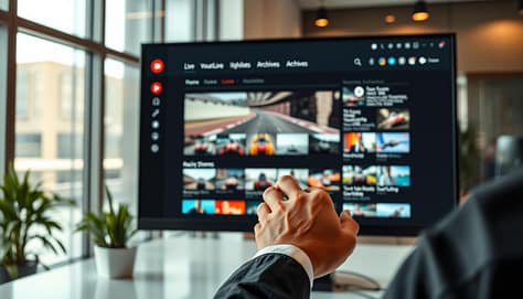 A sleek and modern YouTube Live racing documentation archive interface displayed on a large computer screen, prominently featuring a visually organized dashboard with colorful thumbnails of past live streams, racing highlights, and archived events. In the foreground, a pair of hands in business attire interact with a futuristic touchpad, navigating through the interface, suggesting a sense of professionalism and engagement. The middle ground depicts the screen filled with vivid visuals, including racing cars in action and user-friendly navigation icons. The background is softly blurred, suggesting a contemporary office environment with warm lighting that enhances the atmosphere of creativity and innovation in live streaming. The composition evokes a feeling of dynamic enthusiasm for documenting racing events live, capturing the essence of technological advancement in sports broadcasting.
