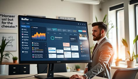 A sleek and modern digital dashboard interface for Buffer's content scheduling, prominently displayed on a large computer screen in a well-lit office setting. The foreground features a high-tech UI with vibrant graphs, timelines, and a calendar layout reflecting scheduled social media posts for a horse welfare campaign. In the middle, a professional in business attire is engaged with the dashboard, analyzing data with focused expression. The background reveals an organized workspace with motivational quotes about animal care on the walls and potted plants for a touch of greenery. Soft, natural light filters through a nearby window, casting a warm glow, creating an atmosphere of productivity and innovation. The angle captures the screen and the user in a dynamic view, emphasizing interaction with the digital tools. A sleek and modern digital dashboard interface for Buffer's content scheduling, prominently displayed on a large computer screen in a well-lit office setting. The foreground features a high-tech UI with vibrant graphs, timelines, and a calendar layout reflecting scheduled social media posts for a horse welfare campaign. In the middle, a professional in business attire is engaged with the dashboard, analyzing data with focused expression. The background reveals an organized workspace with motivational quotes about animal care on the walls and potted plants for a touch of greenery. Soft, natural light filters through a nearby window, casting a warm glow, creating an atmosphere of productivity and innovation. The angle captures the screen and the user in a dynamic view, emphasizing interaction with the digital tools.