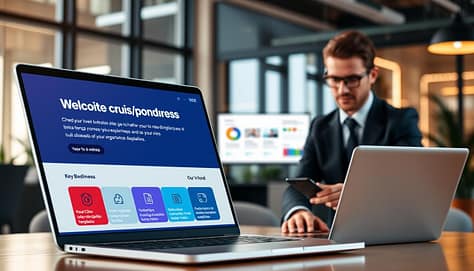 A sleek and modern website interface displaying Wix's crisis deployment tools dominates the foreground, featuring vivid icons and an intuitive layout. In the middle ground, a user in professional business attire, focused and engaged, interacts with a laptop showcasing the Wix platform, with vibrant analytics and customizable templates visible. The background consists of a blurred office setting with soft natural lighting filtering through large windows, creating a warm and encouraging atmosphere. The overall mood conveys efficiency and preparedness, highlighting the significance of effective website tools for organizations in times of crisis. The angle is slightly elevated, giving a wide view of the scene while keeping the focus on the Wix interface and the user’s actions.