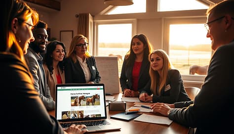 In a warm and inviting room filled with natural light, a diverse group of compassionate individuals in professional business attire gathers around a table, discussing plans for a Patreon welfare campaign aimed at supporting horse rescue efforts. In the foreground, a laptop displays a vibrant crowdfunding page adorned with images of rescued horses. The middle-ground reveals a whiteboard filled with colorful notes and ideas, while a window in the background showcases a serene horse pasture bathed in golden sunlight. The mood is uplifting and collaborative, emphasizing community spirit and advocacy, as the group engages thoughtfully with each other, illustrating the power of collective action for welfare causes. Soft shadows and a slightly blurred focus on the background create depth and warmth in the scene.