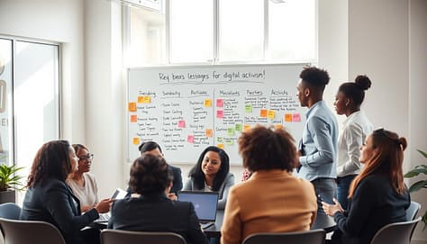 A diverse group of activists gathered in a bright, modern workspace, engaging in a collaborative brainstorming session. The foreground features focused individuals in professional business attire, passionately discussing strategies for digital activism, with laptops and digital devices in use. In the middle, a large whiteboard displays key lessons and ideas drawn from the MeToo movement, with colorful sticky notes highlighting important points. The background shows a window with natural light streaming in, illuminating the space and creating an inspiring atmosphere. The scene should convey a sense of urgency and determination, reflecting empowerment and solidarity among the activists. Use soft, warm lighting to evoke a welcoming, productive environment, captured from a slightly elevated angle to showcase the interaction among the participants. A diverse group of activists gathered in a bright, modern workspace, engaging in a collaborative brainstorming session. The foreground features focused individuals in professional business attire, passionately discussing strategies for digital activism, with laptops and digital devices in use. In the middle, a large whiteboard displays key lessons and ideas drawn from the MeToo movement, with colorful sticky notes highlighting important points. The background shows a window with natural light streaming in, illuminating the space and creating an inspiring atmosphere. The scene should convey a sense of urgency and determination, reflecting empowerment and solidarity among the activists. Use soft, warm lighting to evoke a welcoming, productive environment, captured from a slightly elevated angle to showcase the interaction among the participants.