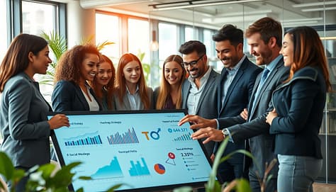 A dynamic office setting showcasing a collaborative workspace focused on digital advocacy. In the foreground, a group of diverse professionals in business casual attire gather around a large touchscreen display, analyzing data related to an online civic tech campaign. Their expressions reflect engagement and excitement. In the middle ground, charts and graphs illustrating hashtag strategies and social media metrics are prominently displayed. The background features modern office elements like glass walls, plants, and natural light streaming in from large windows, conveying a creative and inspiring atmosphere. Soft lighting highlights the teamwork while maintaining a professional tone. The image captures a sense of purpose and innovation in technology-driven advocacy efforts. A dynamic office setting showcasing a collaborative workspace focused on digital advocacy. In the foreground, a group of diverse professionals in business casual attire gather around a large touchscreen display, analyzing data related to an online civic tech campaign. Their expressions reflect engagement and excitement. In the middle ground, charts and graphs illustrating hashtag strategies and social media metrics are prominently displayed. The background features modern office elements like glass walls, plants, and natural light streaming in from large windows, conveying a creative and inspiring atmosphere. Soft lighting highlights the teamwork while maintaining a professional tone. The image captures a sense of purpose and innovation in technology-driven advocacy efforts.