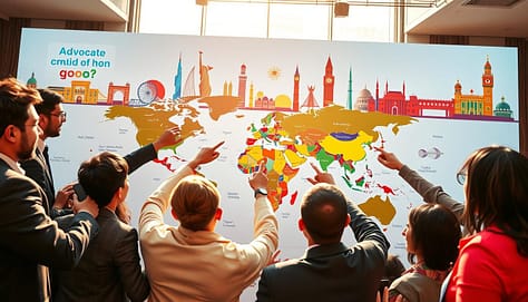 A vibrant and dynamic image depicting a global advocacy campaign focused on cross-cultural engagement. In the foreground, diverse individuals in professional business attire are enthusiastically collaborating around a large, interactive world map, pointing at different regions while sharing ideas. The middle ground features colorful banners and digital screens displaying positive messages of unity and cultural understanding. In the background, iconic landmarks from various countries are subtly blended, symbolizing global collaboration. The scene is illuminated by warm, natural lighting, creating an inviting and hopeful atmosphere. The perspective is slightly elevated, capturing the energy of the group and the expansive global message they represent, conveying a sense of unity and shared purpose in advocating across cultures. A vibrant and dynamic image depicting a global advocacy campaign focused on cross-cultural engagement. In the foreground, diverse individuals in professional business attire are enthusiastically collaborating around a large, interactive world map, pointing at different regions while sharing ideas. The middle ground features colorful banners and digital screens displaying positive messages of unity and cultural understanding. In the background, iconic landmarks from various countries are subtly blended, symbolizing global collaboration. The scene is illuminated by warm, natural lighting, creating an inviting and hopeful atmosphere. The perspective is slightly elevated, capturing the energy of the group and the expansive global message they represent, conveying a sense of unity and shared purpose in advocating across cultures.