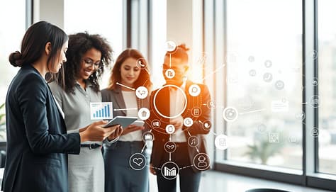 A vibrant and dynamic visual representation of an effective social media strategy hybrid model. In the foreground, a diverse group of three professionals in smart casual attire is engaged in discussion around a digital tablet, displaying analytics and strategy diagrams. In the middle, interconnected visuals of popular social media icons like hashtags, trends, and engagement metrics flow in a circular pattern, symbolizing integration and synergy. The background features a modern office environment with large windows letting in natural light, along with abstract graphics showcasing online movements, trends, and audience interactions. The mood is collaborative and innovative, suggesting a forward-thinking approach to social media strategies. Capture this with a soft focus and warm lighting to convey optimism and creativity. A vibrant and dynamic visual representation of an effective social media strategy hybrid model. In the foreground, a diverse group of three professionals in smart casual attire is engaged in discussion around a digital tablet, displaying analytics and strategy diagrams. In the middle, interconnected visuals of popular social media icons like hashtags, trends, and engagement metrics flow in a circular pattern, symbolizing integration and synergy. The background features a modern office environment with large windows letting in natural light, along with abstract graphics showcasing online movements, trends, and audience interactions. The mood is collaborative and innovative, suggesting a forward-thinking approach to social media strategies. Capture this with a soft focus and warm lighting to convey optimism and creativity.