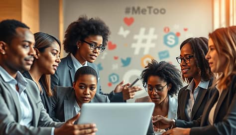 A vibrant and engaging digital collage of key figures in digital activism, showcasing both male and female activists dressed in professional business attire, engaged in discussions and advocacy work. In the foreground, a diverse group includes faces expressing determination and empathy, symbolizing the global reach of movements like #MeToo. The middle ground contains laptops and digital devices, representing online platforms fueling conversations about social justice. In the background, abstract representations of social media icons and hashtags blend harmoniously, symbolizing the interconnectedness of the digital space. The scene is brightly lit with soft, warm lighting, creating an atmosphere of hope and inspiration. The angle should be slightly elevated, capturing the dynamism of a collaborative environment among passionate advocates.