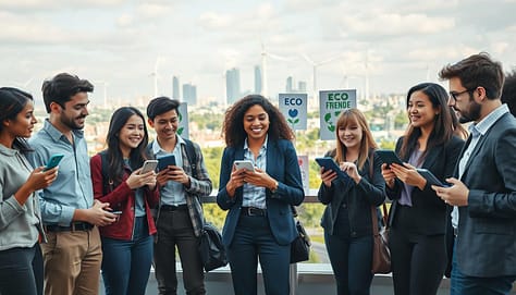 A vibrant scene illustrating social media mobilization tactics for youth in the context of climate activism. In the foreground, a diverse group of young people in professional casual attire, animatedly discussing ideas while holding smartphones and tablets, showcasing social media activities. In the middle ground, various posters with eco-friendly messages and social media icons appear, symbolizing online engagement. The background features a cityscape with wind turbines and greenery, emphasizing a connection between urban life and environmental advocacy. Soft, natural lighting creates an inspiring, hopeful atmosphere, while a wide-angle perspective captures the dynamic group and their digital devices, illustrating their energy and commitment to climate action.