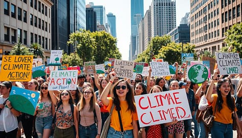 A vibrant scene of a climate activism protest taking place in an urban setting. In the foreground, a diverse group of passionate young activists holds colorful banners and signs advocating for climate action, dressed in casual yet professional clothing. The middle ground features more protestors and an array of environmental-themed artwork, creating a dynamic atmosphere of solidarity. The background shows a cityscape with tall buildings and greenery, symbolizing the clash between urban life and nature. The lighting is warm and bright, suggesting a sunny day filled with hope. The angle captures the energy of the crowd, with upward perspectives that emphasize the determination of the youth. The mood is spirited and optimistic, reflecting the urgency of the climate crisis. A vibrant scene of a climate activism protest taking place in an urban setting. In the foreground, a diverse group of passionate young activists holds colorful banners and signs advocating for climate action, dressed in casual yet professional clothing. The middle ground features more protestors and an array of environmental-themed artwork, creating a dynamic atmosphere of solidarity. The background shows a cityscape with tall buildings and greenery, symbolizing the clash between urban life and nature. The lighting is warm and bright, suggesting a sunny day filled with hope. The angle captures the energy of the crowd, with upward perspectives that emphasize the determination of the youth. The mood is spirited and optimistic, reflecting the urgency of the climate crisis.